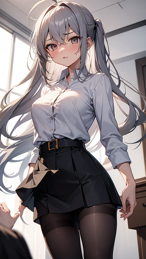 ((masterpiece, Highest quality)), (One girl), (alone), (Focus on women), (Ahoge, Gray Hair, Very long hair), Golden Eyes, A light smile, Open your mouth, ((White shirt), (Buttoned shirt), (Button gap)), ((Black Skirt), (Short skirt)), Are standing, White Background, Put your arms behind your back, Dynamic Angle,,（Sharp Eyes）,（Glaring:1.1）,Scornful Eyes,（empty eyes）Grit your teeth,Sweat,（Lift up your skirt yourself）,pantyshot,（Panties through pantyhose）,cameltoe focus,（from below）
