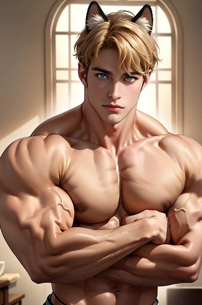 4k, high resolution, best quality, masterpiece, perfect color, perfect shade, perfect lighting, Posted by e621, ((portrait)), ((handsome man)), perfect male figure, Short hair details,chest muscles,abdominal muscles,Naked torso,Detailed face, perfect face, (stood up), Detailed background, ((Bonifasco Lighting)), (delicate eyes),(animal ears),blonde hair, humungous wide muscles, unbottoned shirt cleavage, flexing biceps much bigger