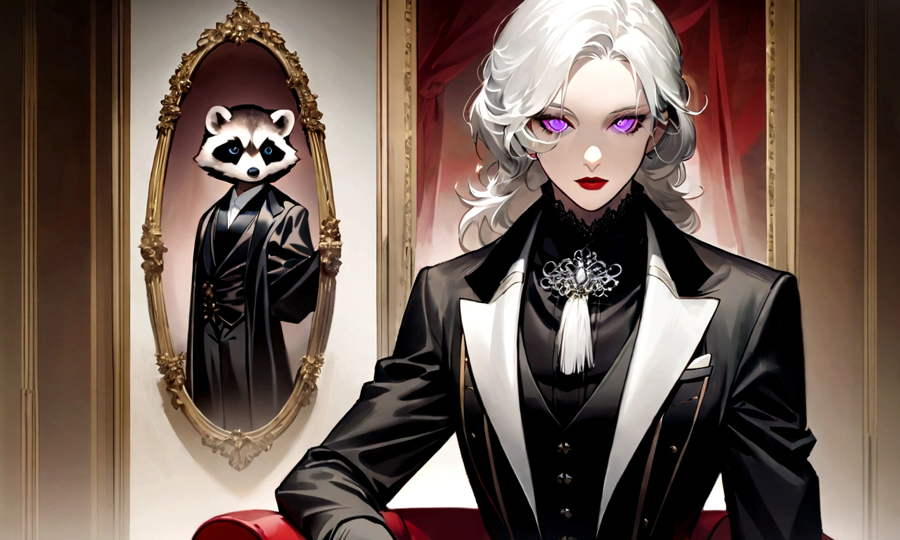 A gracefully poised raccoon, embodying the essence of a sophisticated and elegant TV show presenter. Its pristine white hair contrasts beautifully with its dark smokin, exuding a sense of refinement and style. The image, whether a painting or a digital illustration, captures the raccoon's charm and charisma. Every detail is meticulously rendered, from its dainty paws to its expressive eyes, conveying a sense of professionalism and grace. The overall composition radiates high quality and artistic finesse, drawing viewers into the glamorous world of this charismatic character.