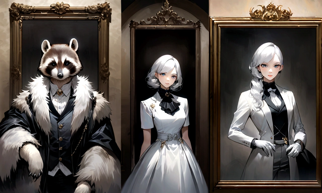 A gracefully poised raccoon, embodying the essence of a sophisticated and elegant TV show presenter. Its pristine white hair contrasts beautifully with its dark smokin, exuding a sense of refinement and style. The image, whether a painting or a digital illustration, captures the raccoon's charm and charisma. Every detail is meticulously rendered, from its dainty paws to its expressive eyes, conveying a sense of professionalism and grace. The overall composition radiates high quality and artistic finesse, drawing viewers into the glamorous world of this charismatic character.