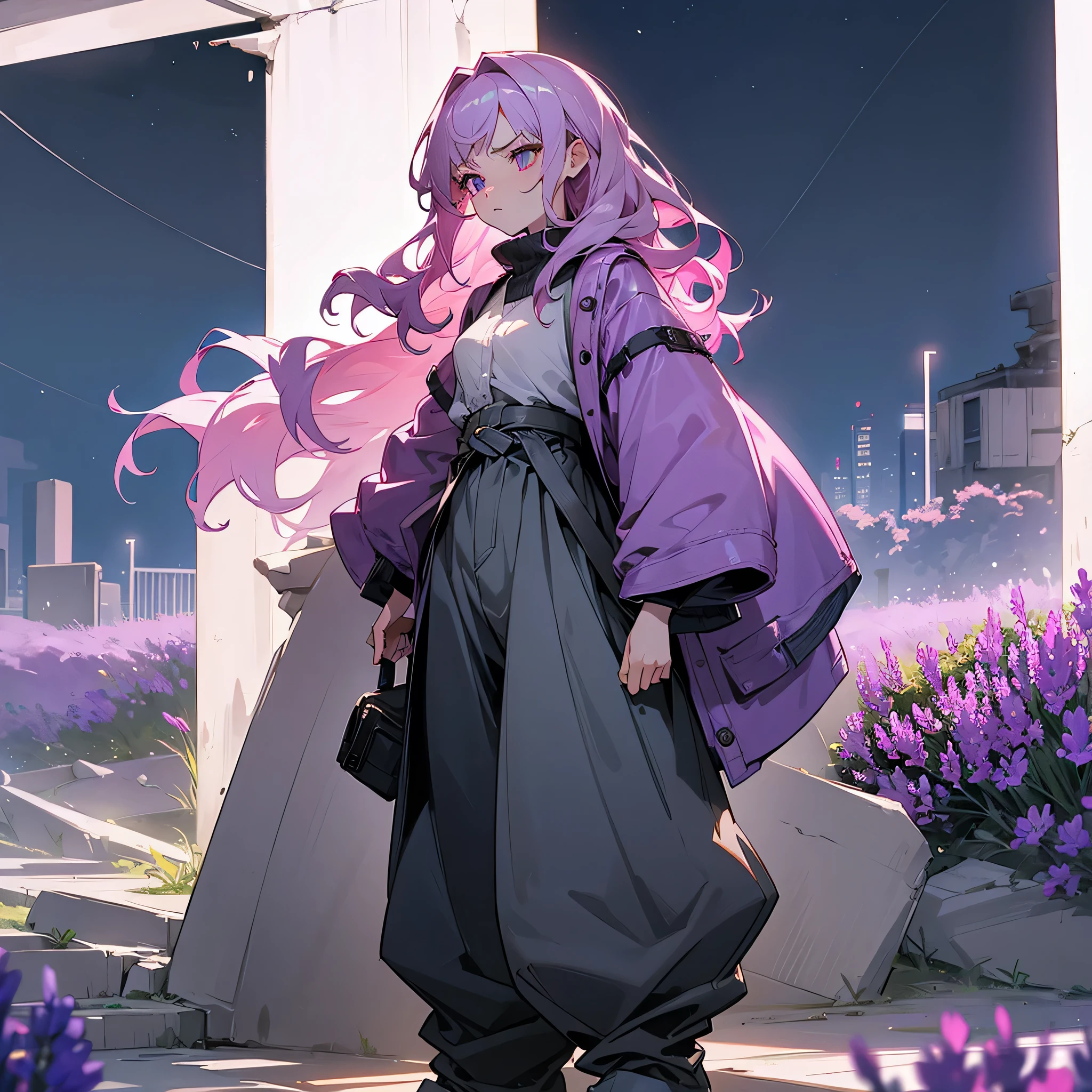 1female, adult, finely detailed lavander eyes, wavy medium hair, pale magenta hair, jacket, baggy pants, standing on ruined building, night time, serious expression