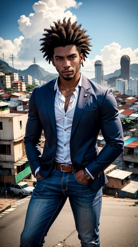 (((full body))), jovem afro-brasileiro de 25 anos, (((homem))), advogado, ((cabelos cacheados)), pele negra, ((cabelos curtos)), com cabelos extremamente perfeitos, perfect hands, looking at camera, action pose, vestindo blazer cinza, (((camisa branca))), jeans, sapato social, (((ao fundo morro de favela na cidade do Rio de janeiro)))