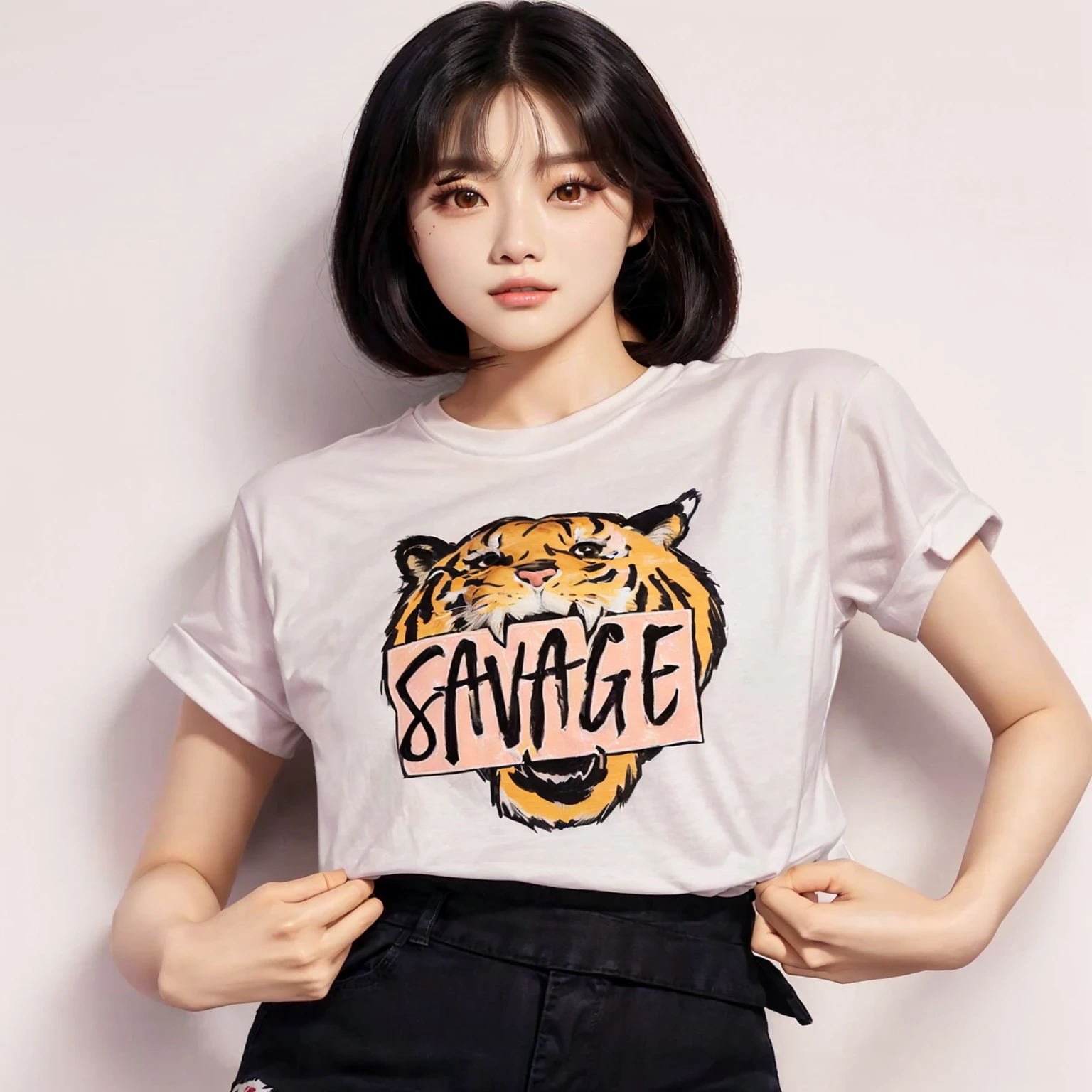 a close up of a woman wearing a t - shirt with a tiger on it, korean women's fashion model, tzuyu from twice, song hye - kyo, jisoo of blackpink, jisoo from blackpink, hwang se - on, janice sung, cute korean actress, portrait jisoo blackpink, gorgeous young korean woman, bae suzy, casual clothing style