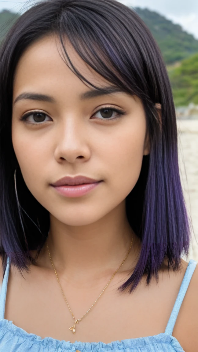 jolie fille malgache a la peau foncée avec (violet) points forts marchant sur la plage, flowing black hair violet highlights, aux cheveux noirs, photo d&#39;une belle femme, cheveux noirs longs et flottants, heure d&#39;or noir, curly black hair, belle jeune femme asiatique, belle femme asiatique, cheveux roux sauvages, cheveux roses vaporeux, Cheveux noir clair, une jeune femme asiatique, une femme asiatique, jeune femme infp, Photo portrait d&#39;a 24 year old French girl in RAW UHD format (femme aux yeux marrons), Details (textures! , cheveux! , brillant, couleur!! , imperfections: 1.1), highly detailed glowing eyes (En regardant la caméra), DSLR lighting, Appareil photo reflex, Ultra-Qualit upy, acuity, Profondeur de champ, grain de film (Centre ville), Fujifilm XT3, clair comme de l&#39;eau de roche, centre du cadre,beau visage, sharpness, soleil , Neon lighting, bokeh (lit up), jour, (Ciel bleu), detailed skin pores, peau grasse, bronzage, intricate eye details, (((souriant))), ((violet bikini)), ((((lever une coupe de champagne)))), (((dire bravo)))