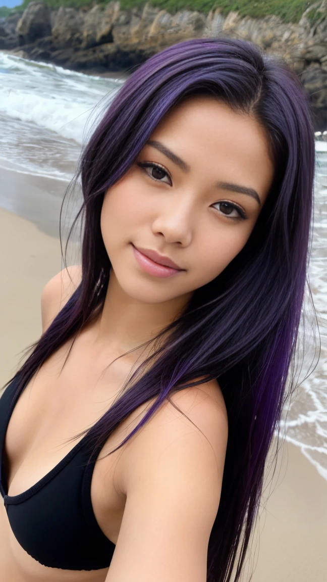 arafed woman with long black hair with purple highlights sitting on the beach (((meditating))), flowing black hair, with black hair, photo of a beautiful woman, long flowing black hair, black golden hour, curly black hair, beautiful young asian woman, beautiful asian woman, wild ginger hair, black wispy hair, light black hair, a young asian woman, an asian woman, infp young woman, Portrait photo of a 24-year-old french girl in RAW UHD format (Brown-eyed woman),  Details (textures! , Hair! , glistering, Color!! , imperfections: 1.1),   DSLR Lighting, SLR camera, Ultra-Quality, sharpness, Film grain (Downtown), Fujifilm XT3, Crystal clear, Frame Center, beatiful face, sharp-focus, bokeh (lit), day time, (open sky), detailed skin pores, oilly skin, suntan, Complex eye details, people in the background, (((long distance, full body))), beautiful face, (((yoga suit))),  (((sand in the background))), crossed legs, ((lotus position)), ((betterhand))