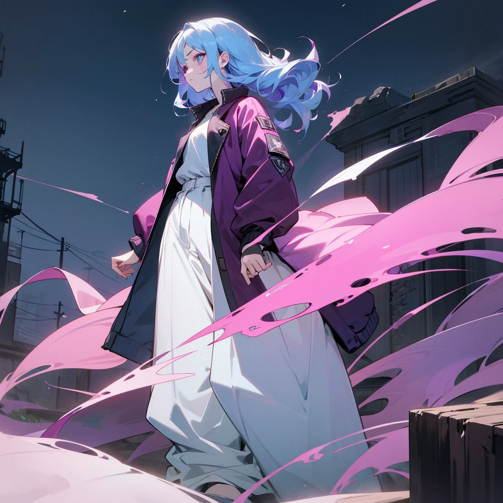 1female, adult, finely detailed magenta eyes, wavy medium hair, pale blue hair, jacket, baggy pants, standing on ruined building, night time, serious expression