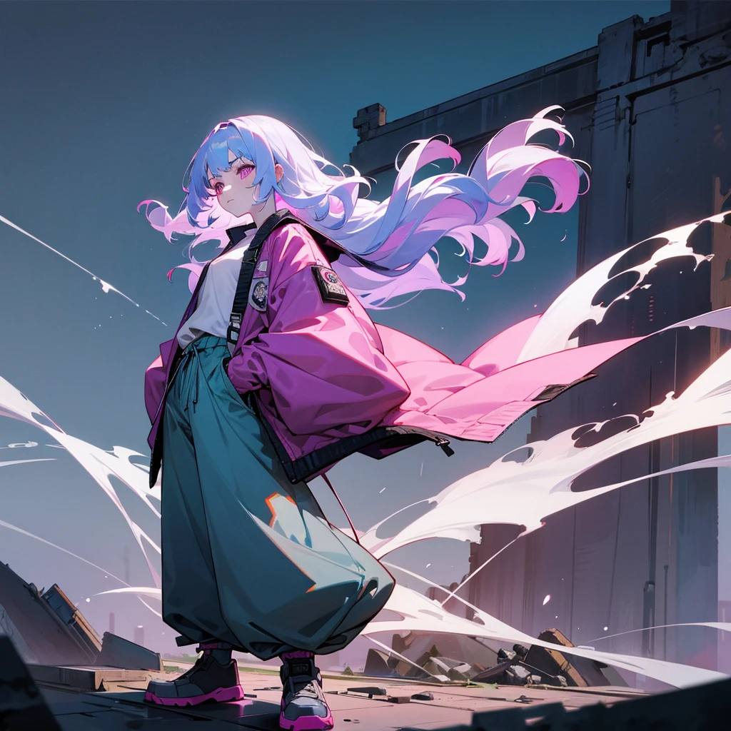 1female, adult, finely detailed magenta eyes, wavy medium hair, pale blue hair, jacket, baggy pants, standing on ruined building, night time, serious expression