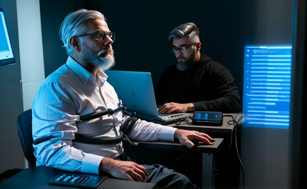 An old man with gray hair, a beard, and glasses, wearing a white shirt, sits on the left side of the picture. He was hooked up to a polygraph machine with a variety of sensors: two black pneumograph tubes coiled horizontally across his chest and upper abdomen to his back, a sensor probe with wires sticking out of his right fingers, and a blood pressure cuff on his upper left arm. He sat up straight and faced slightly to the left. In the background, a bearded young man sits on the right side, wearing dark clothing, and focused on a laptop, monitoring a polygraph machine. This room is dark with blue light sources on the left and right sides