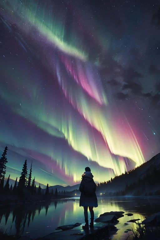 Noche con aurora boreal