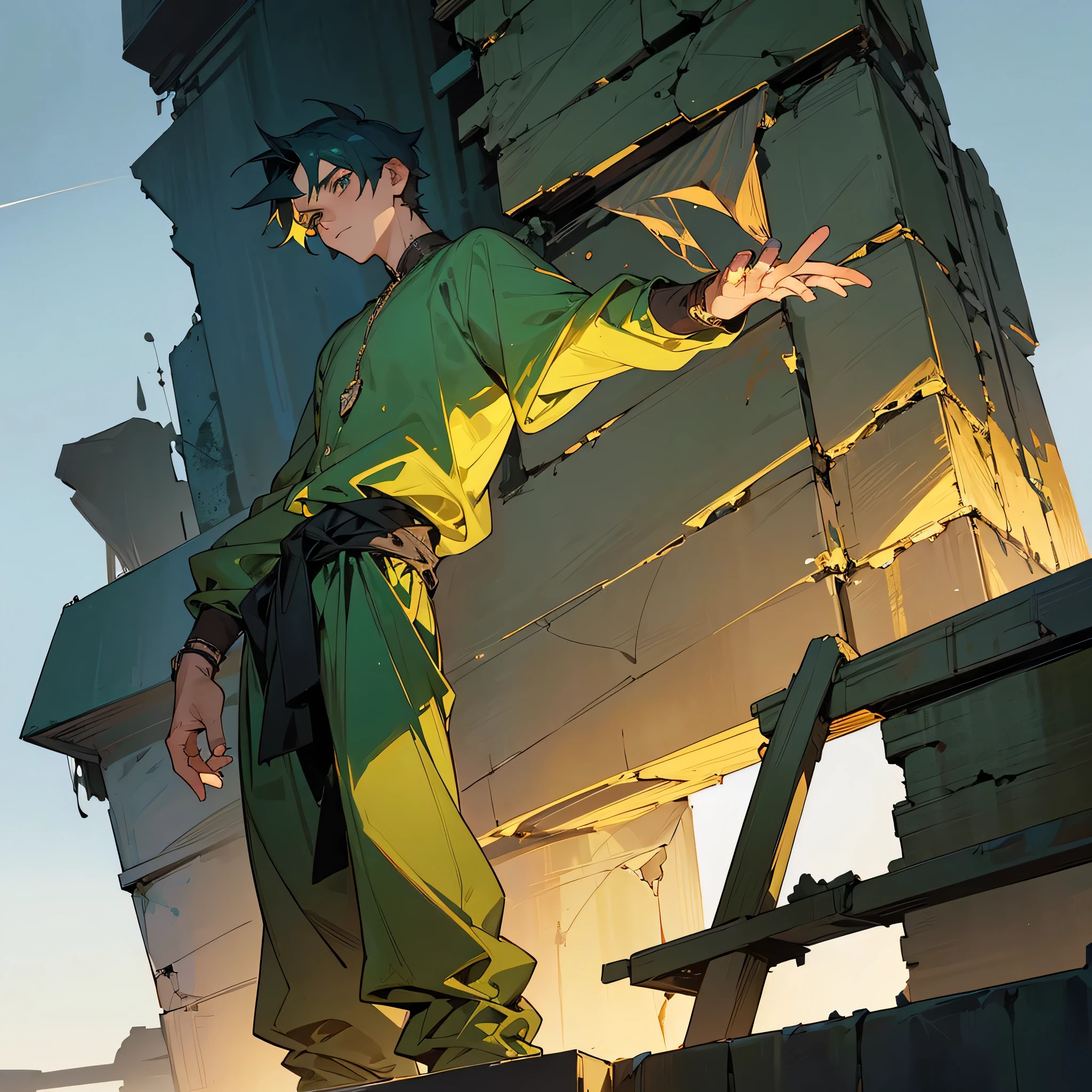 1male, adult, finely detailed onyx eyes, wild short hair, emerald hair, poor clothing, tied around waist, baggy pants, standing on ruined building, night time, somber expression, muscular, goggles, dirty, scars