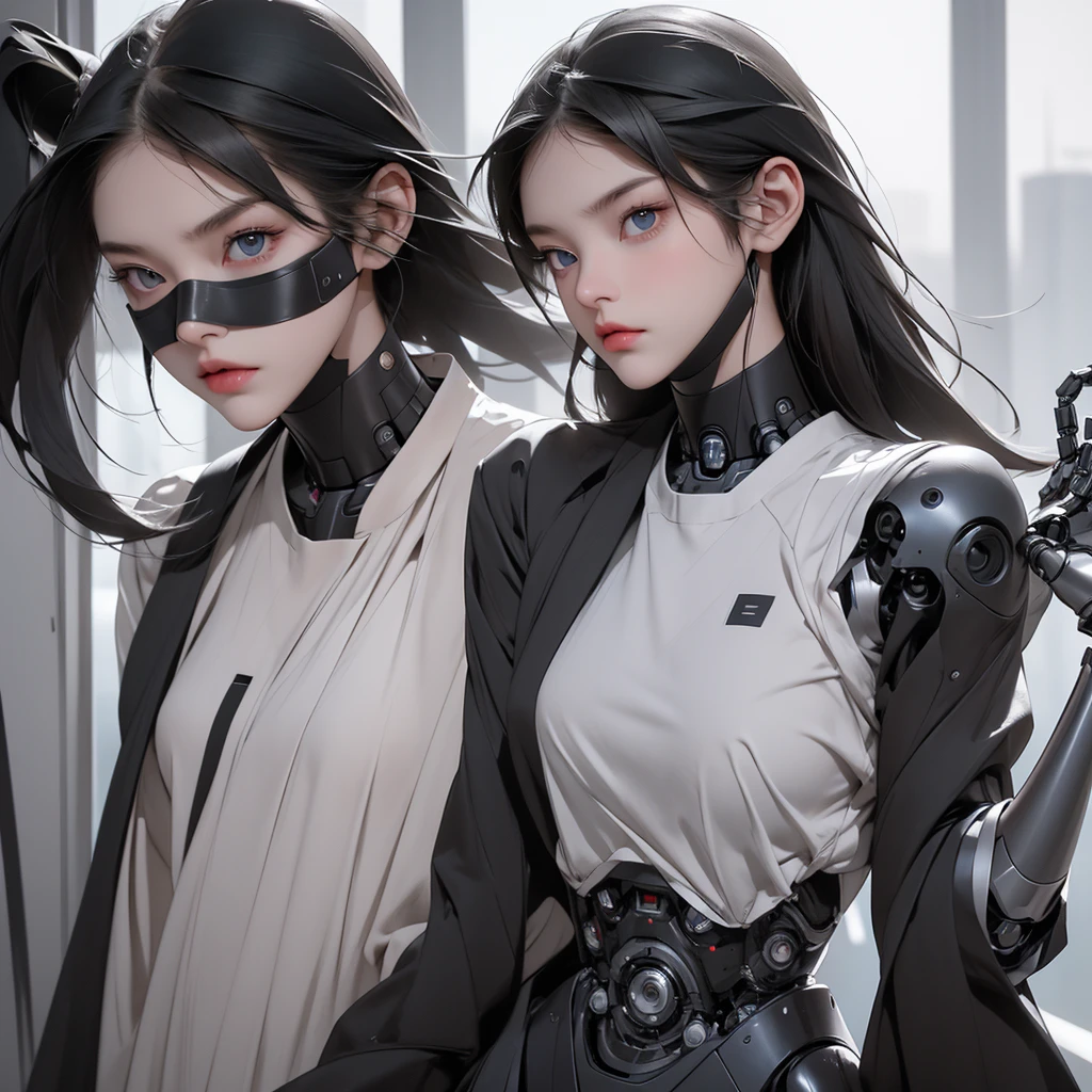 a girl with a full black robotic body, featuring sleek and high-tech components. She has short black hair, blue eyes, and an angry expression. She wears a robot mask that partially covers her face, blending seamlessly with her polished mechanical limbs and torso. The subtle lights and mechanical joints of her body enhance the contrast between her human-like features and her robotic form. wearing black mask