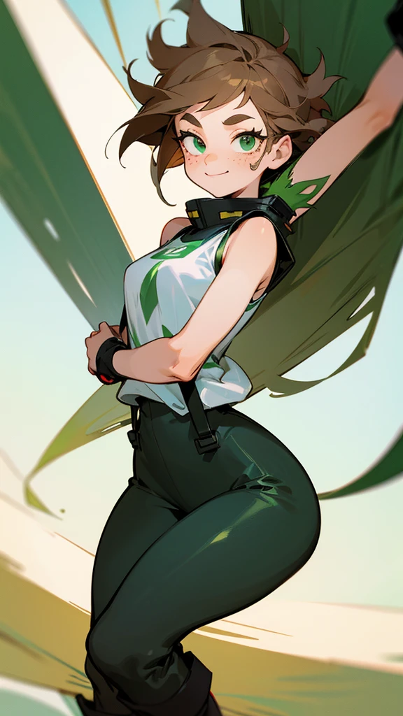 A girl with short fluffy light brown hair and light green eyes with freckles and long eyelashes. Buko no hero academia style. With a sleeveless shirt and pants with hanging black boots. Happy