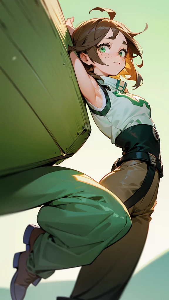A girl with short fluffy light brown hair and light green eyes with freckles and long eyelashes. Buko no hero academia style. With a sleeveless shirt and pants with hanging black boots. Happy
