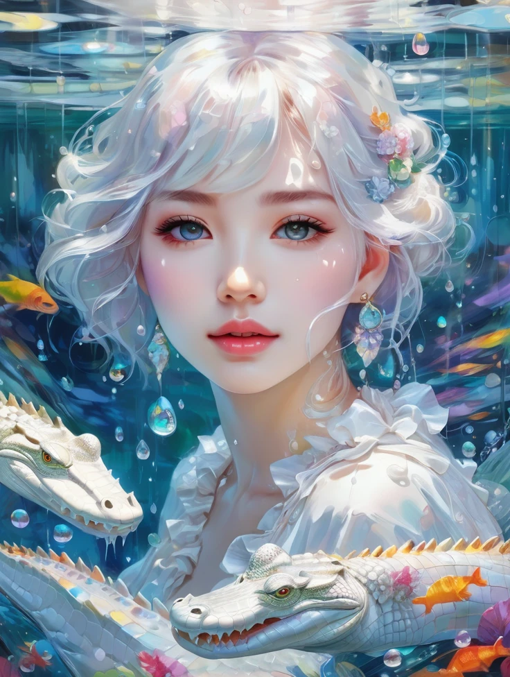a women, white crocodile, lake, Colorful colors, surrounded by water bubbles, in the style of Kawacy, Masterpiece, Oil painting drawn in anime style, head close - up, exaggerated perspective, Tyndall effect, water drops, mother - of - pearl iridescence, Holographic white,