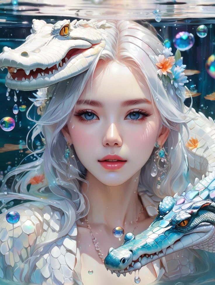 a women, white crocodile, lake, Colorful colors, surrounded by water bubbles, in the style of Kawacy, Masterpiece, Oil painting drawn in anime style, head close - up, exaggerated perspective, Tyndall effect, water drops, mother - of - pearl iridescence, Holographic white,