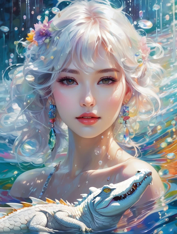 a women, white crocodile, lake, Colorful colors, surrounded by water bubbles, in the style of Kawacy, Masterpiece, Oil painting drawn in anime style, head close - up, exaggerated perspective, Tyndall effect, water drops, mother - of - pearl iridescence, Holographic white,