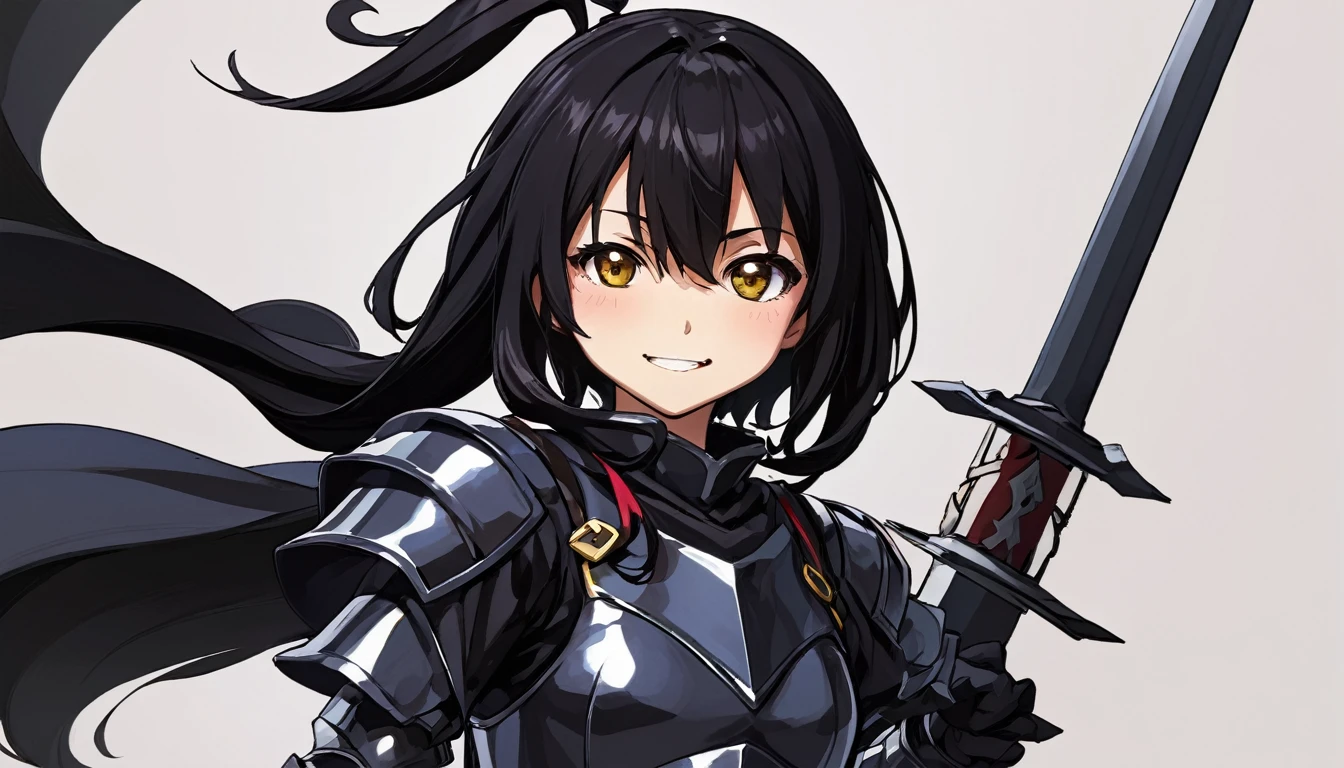 art:yaguru magiku, Teenage girl in black knight armor, Angry smile, Kyoto Animation style from the 2010s, 公式art, ((((Black Hair)), Haruhi Suzumiya's Eyes, Haruhi Suzumiya's Face)), Beautiful symmetrical face, ponytail, In a medieval European castle on an autumn day, Fantasy, alone, alone, 8k, Haruhi Suzumiya's pose