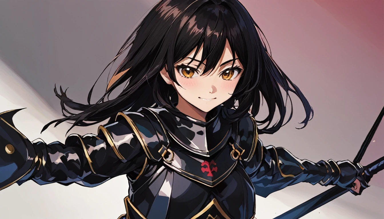art：yaguru magiku, age girl in black knight armor, Angry smile, Kyoto Animation style from the 2010s, 公式art, ((((Black Hair)), Haruhi Suzumiya&#39;s Eyes, Haruhi Suzumiya&#39;s Face)), Beautiful symmetrical face, ponytail, In a medieval European castle on an autumn day, Fantasy, alone, alone, 8k, Haruhi Suzumiya's pose