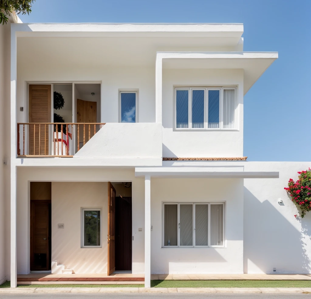 The house, The town house is made from white walls, beautyful light, beautyfulday, sunny, Many red bougainvilleas along the road:1.3, lovely youthful feeling :1.2, sunlight at 12 noon, Very beautiful shadows