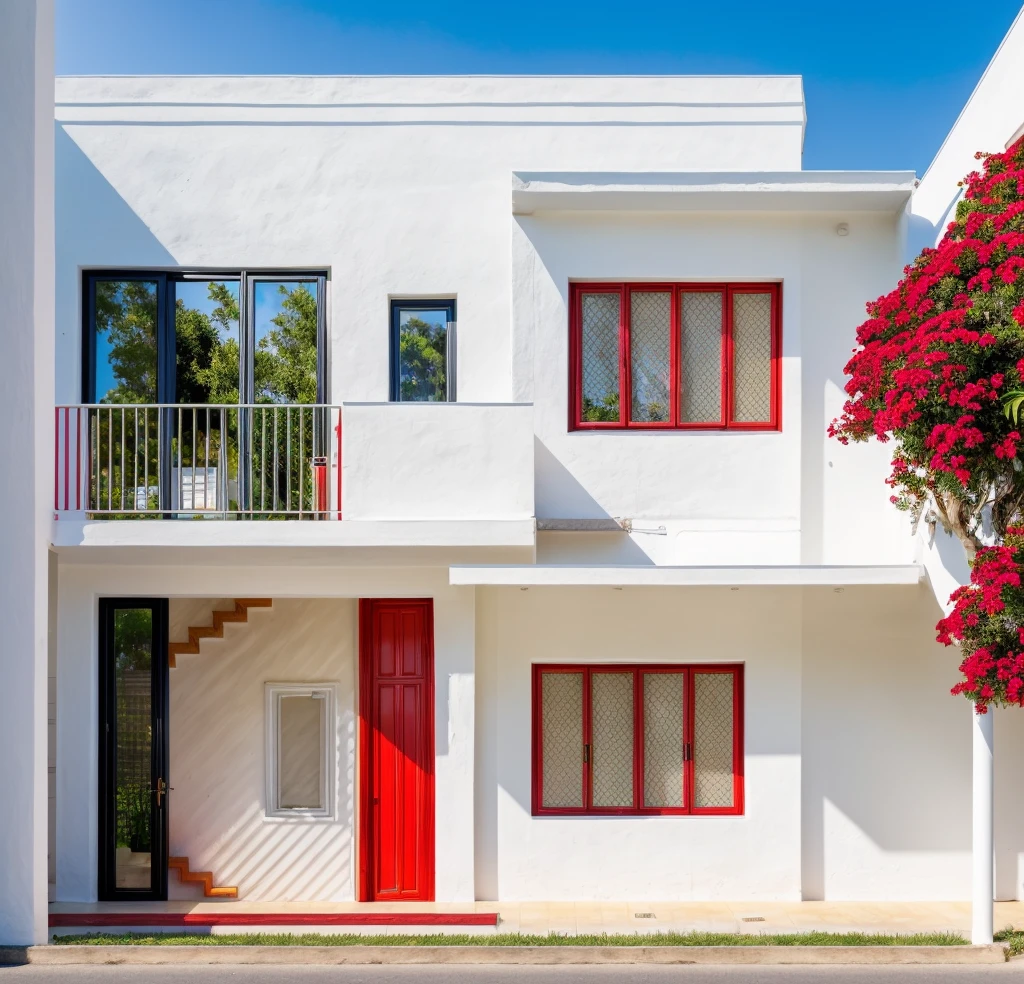 The house, The town house is made from white walls, beautyful light, beautyfulday, sunny, Many red bougainvilleas along the road:1.3, lovely youthful feeling :1.2, sunlight at 12 noon, Very beautiful shadows