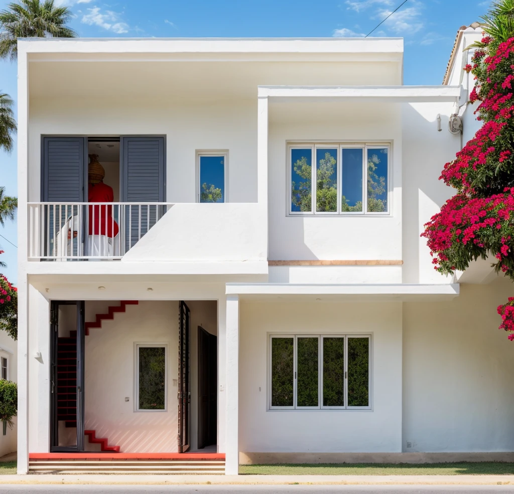 The house, The town house is made from white walls, beautyful light, beautyfulday, sunny, Many red bougainvilleas along the road:1.3, lovely youthful feeling :1.2, sunlight at 12 noon, Very beautiful shadows