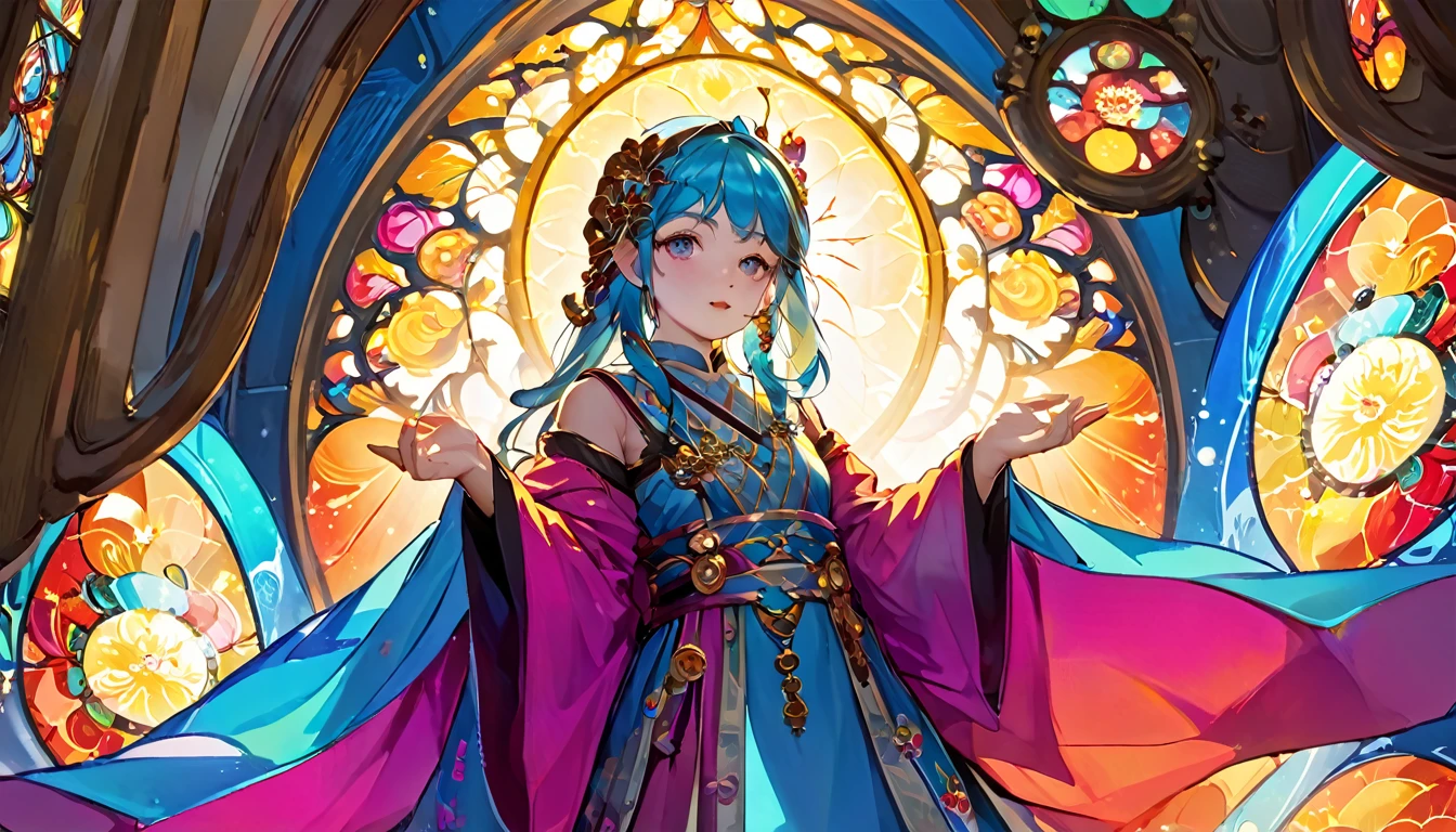 (masterpiece, Highest quality, Highest quality,Official Art, beautifully、aesthetic:1.2),(One girl:1.3), One girl BREAK stained glass art, Colored Glass, Lead wire, Light transmission BREAK Vivid colors, Intricate Design, Glowing effect, Spiritual atmosphere