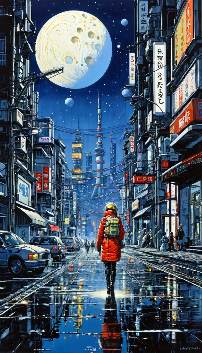 great futuristic landscape:1.5, night (inspired by art by Katsuhiro Otomo). oil painting)