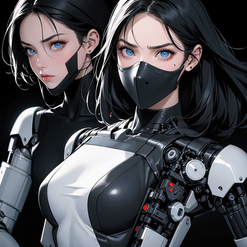 a girl with a full black robotic body, featuring sleek and high-tech components. She has short black hair, blue eyes, and an angry expression. She wears a robot mask that partially covers her face, blending seamlessly with her polished mechanical limbs and torso. The subtle lights and mechanical joints of her body enhance the contrast between her human-like features and her robotic form.