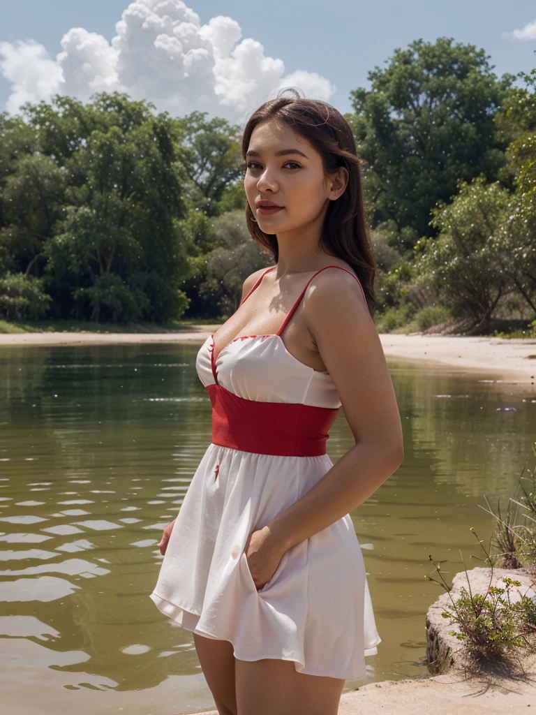 Araffe dress,Red dressRed wearing a short dress (white),Crocodile nearbya mountain of water near the Crocodiles nearby.light green, shining flowers,Red skywearing a suit (white), lipstick (pink)White flowersEscasamente vestido.Smooth sky model Hermosa figuracuerpo voluptuoso curvy hermosas sonrisa seductora Retrato Gabriella Lin Rojo Orange dress Red