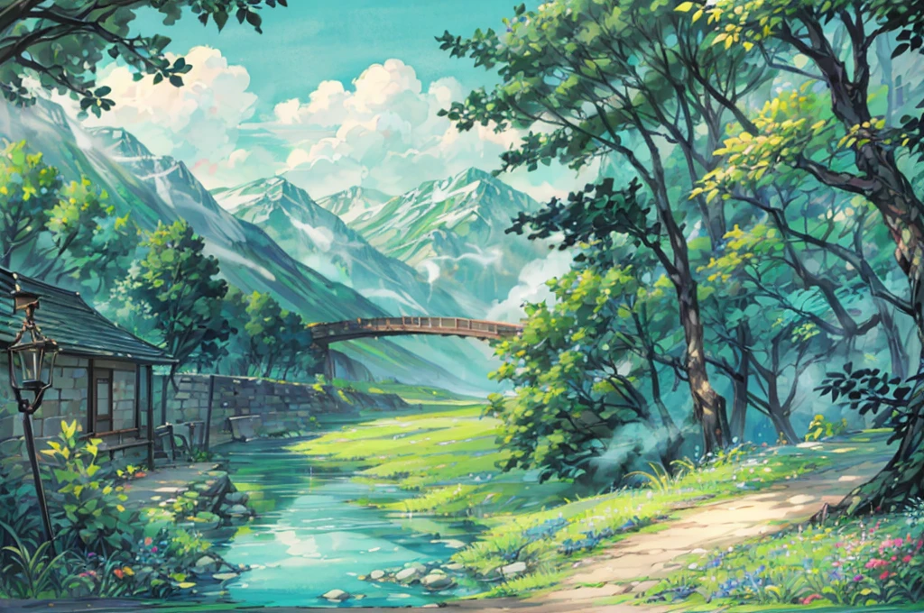 forest, nature, plants, river in the middle, blue sky, soft clouds, many plants, a lot of greenery, beautiful river,