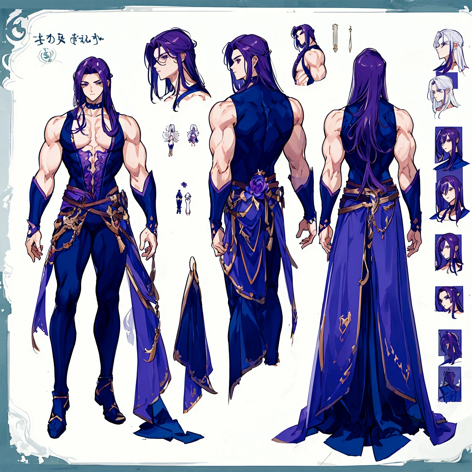 (Masterpiece, best quality), detailed, 1 man, ((character concept art)), ((character design sheet, same character, front, side, back)), full body, body complete, 1 Male, 1 Man, Detailed face, character design sheet，full bodyesbian, Highly detailed, character sheet, character design, Many parts, dark skin, angel wings, long ponytail purple hair, angel outfit, muscle male god,  masculine, muscle man, male muscle, manly, male angel, Muscle male with purple ponytail long hair，beautiful man, abs, pectoral muscle