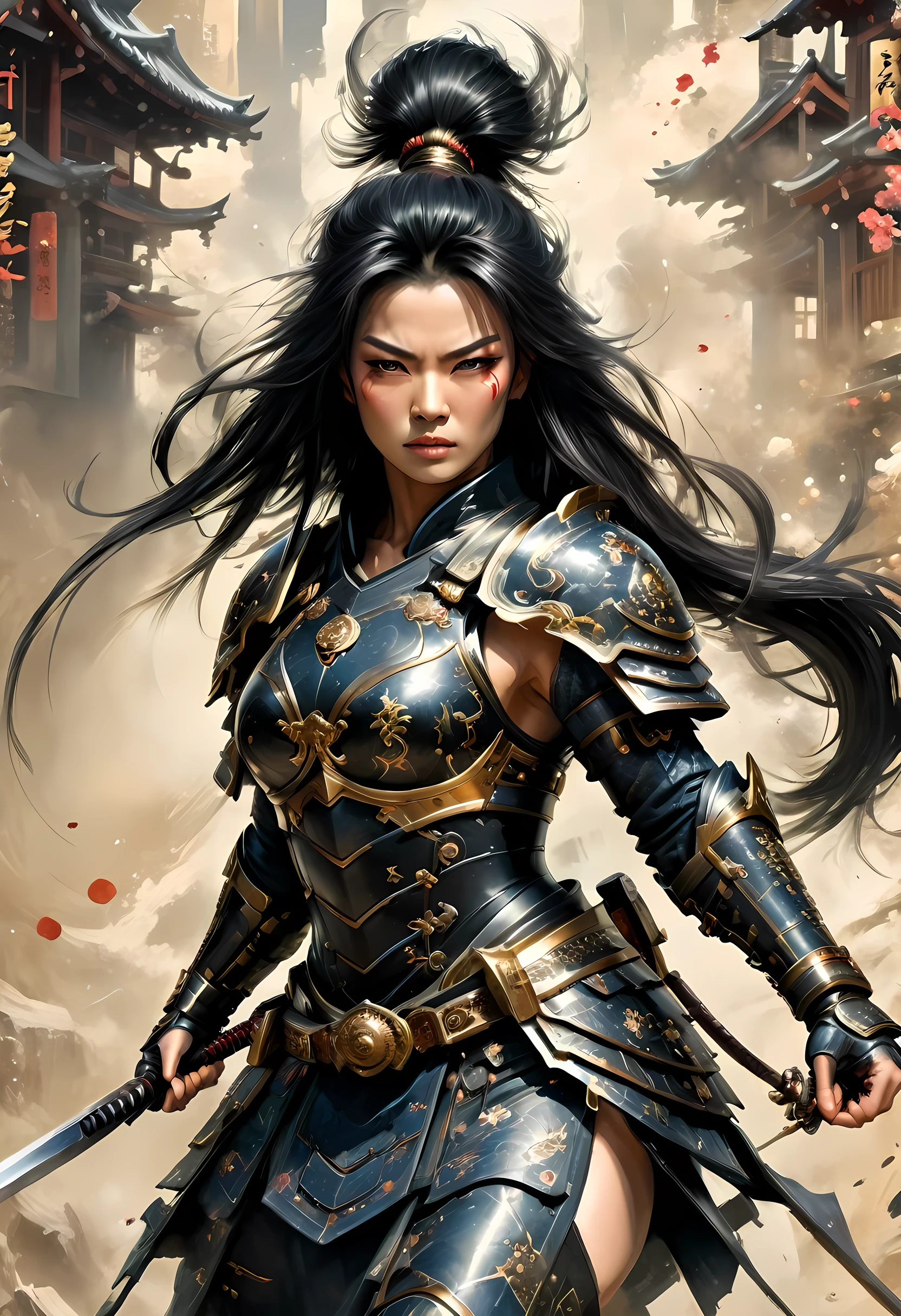 a picture of Japanese female samurai, she has long black hair, wearing niji armor, armed with a katana, ready for battle, dynamic angle, full budy, Japanese fantasy art, Japanese temple background, (Masterpiece: 1.5), 16k, highres, best quality, high details, ultra detailed, masterpiece, best quality, (extremely detailed), arafed, dnd art,