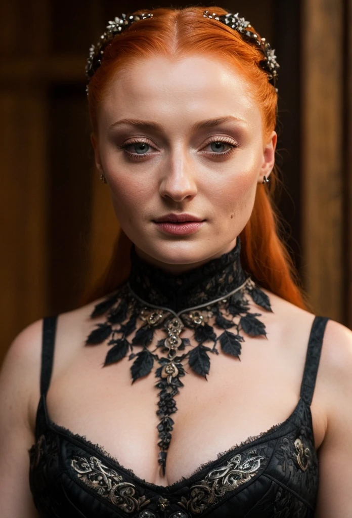 Face of Sophie Turner, Sansa Stark played by Sophie Turner, the de facto Lady of the Eyrie, is a 40-year-old mature queen with a stunning, alluring appearance. Full Face, Full figured woman, pierced eyes, reddish lips, upper body shot, erotic Mediaeval costumes, game of thrones costumes, She wears a Game of Thrones-inspired costume and has a deep cleavage, a perfect thick body, and a perfect thick figure. The photograph captures her in a close-up, with her skin texture and facial features being ultra-realistic and realistic. Juicy thick figure, high quality skin, Skin pores, amazing details, snow, snow flakes, semi realistic, extremely detailed eyes, dark moody orange and black settings, cool environment, artificial intelligence