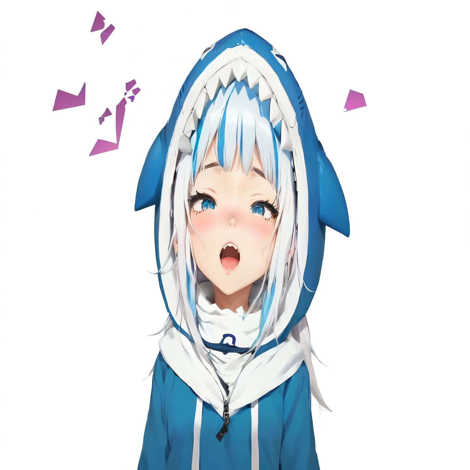 anime girl with white hair and blue hoodie with a blue background, anime visual of a cute girl, nyaruko-san, kantai collection style, shirabii, shikamimi, anthropomorphic shark, anime moe artstyle, tensei shitara slime datta ken, anime monster girl, ahegao, she has a cute expressive face