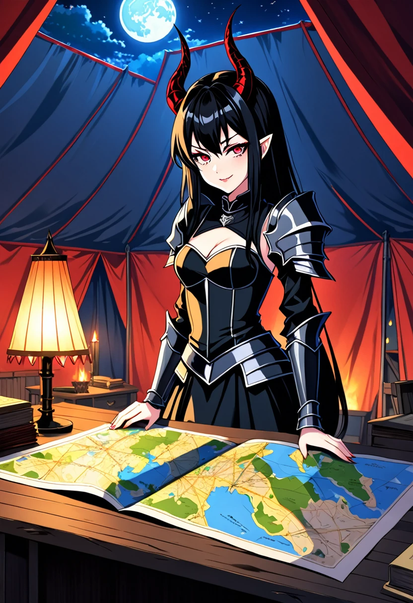 2D anime picture, (anime style 1), girl, , sadistic, demoness, small demoness horns, beautiful long black hairstyle, in luxury and sexy demon general knight uniform, stand in big tent in military camp near desk with map, fantasy, Middle Ages, night