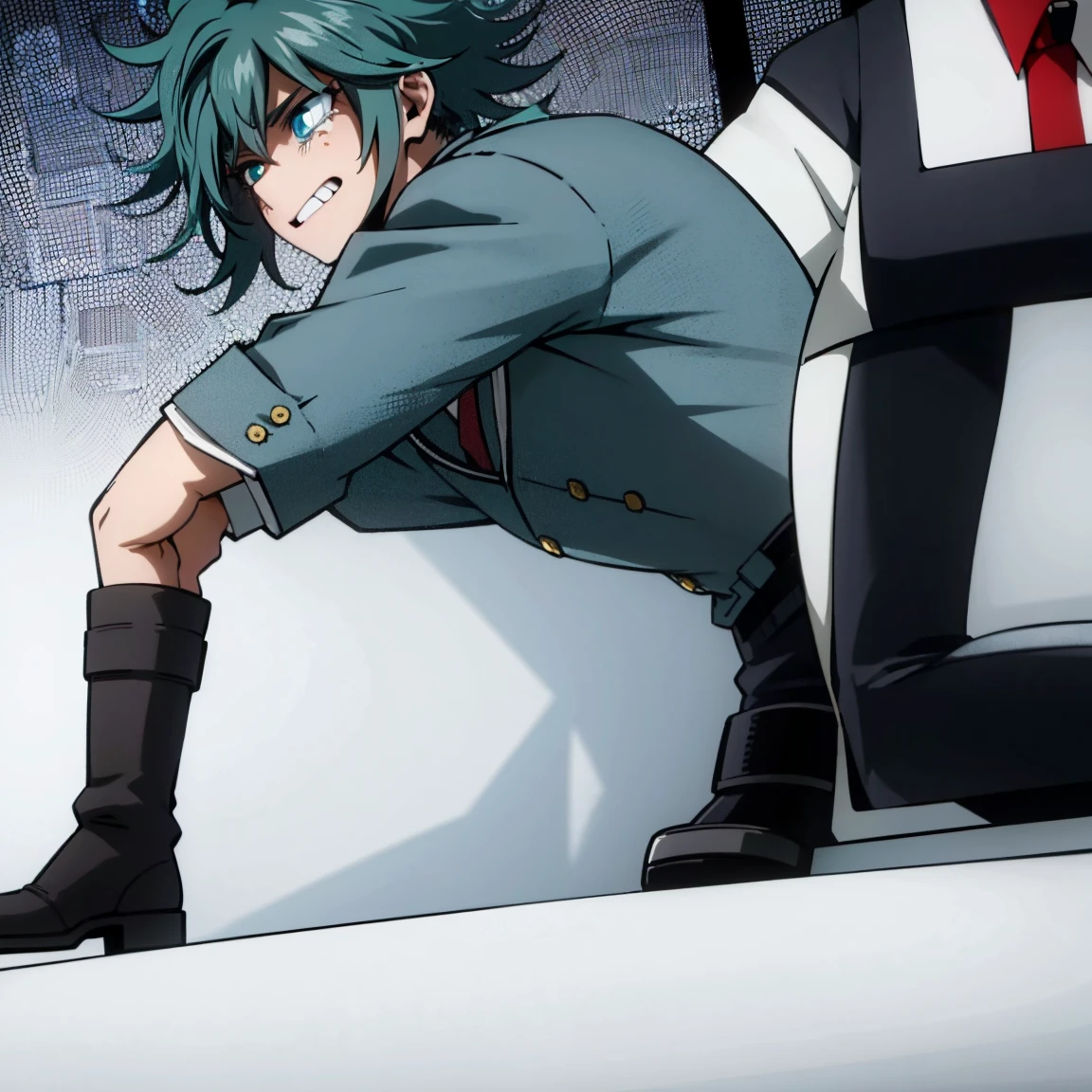 1boy, male focus, boku no hero academia, masterpiece, best quality, very aesthetic, absurdres, short messy hair, turquoise hair, blue eyes, crying, shy, gray jacket, red tie, white shirt, teal pants, boots