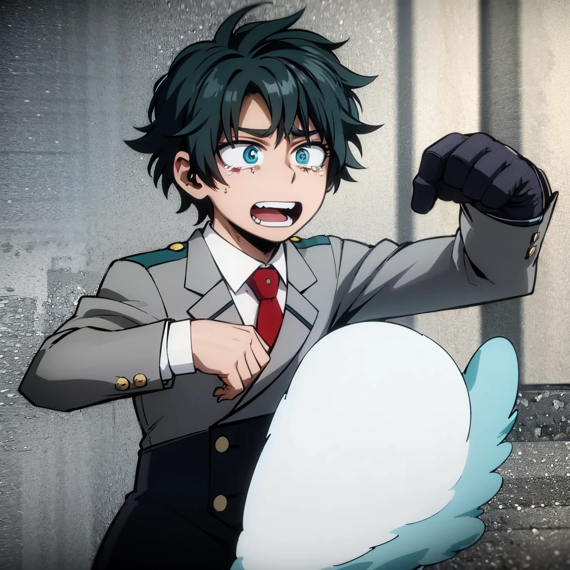 1boy, male focus, boku no hero academia, masterpiece, best quality, very aesthetic, absurdres, short messy hair, turquoise hair, blue eyes, crying, shy, gray jacket, red tie, white shirt, teal pants, boots