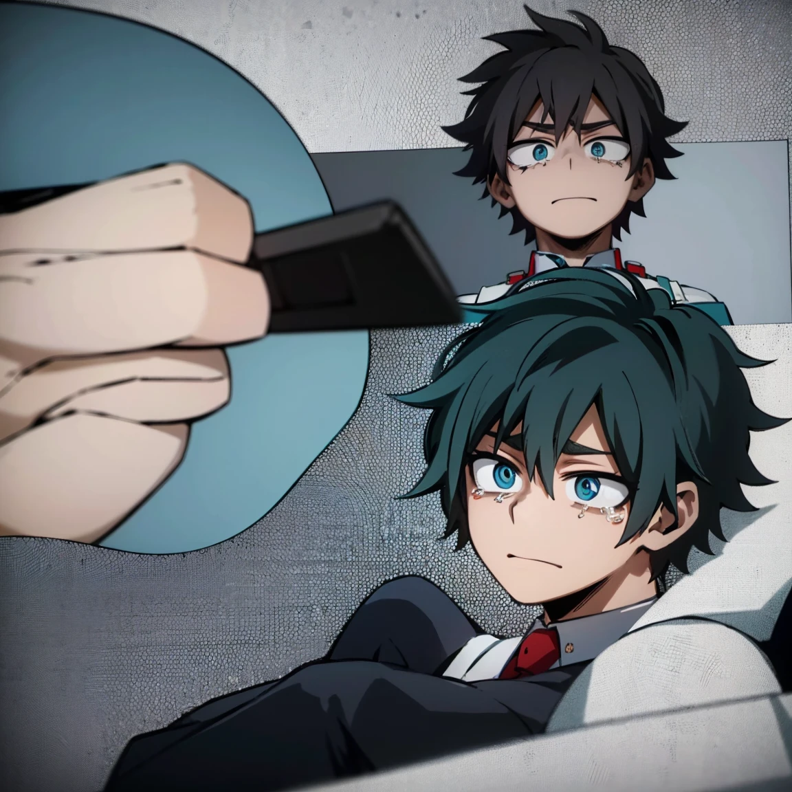 1boy, male focus, boku no hero academia, masterpiece, best quality, very aesthetic, absurdres, short messy hair, turquoise hair, blue eyes, crying, shy, gray jacket, red tie, white shirt, teal pants, boots