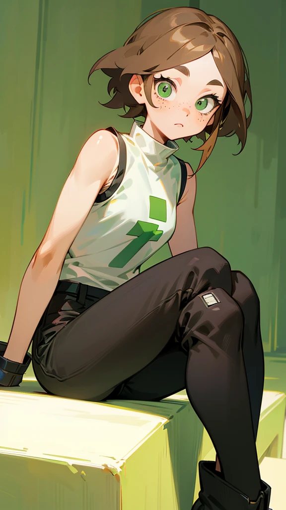 A girl with short fluffy light brown hair and light green eyes with freckles and long eyelashes. Buko no hero academia style. With a sleeveless shirt and pants and hanging black boots. Sitting.