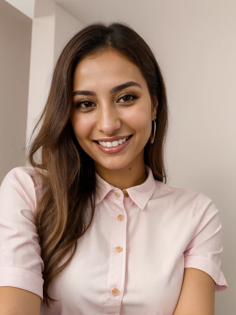 28YO, one women, cute smile, white teethes, Arab, from Jordan, long Barbie pink shirt, light brown eyes