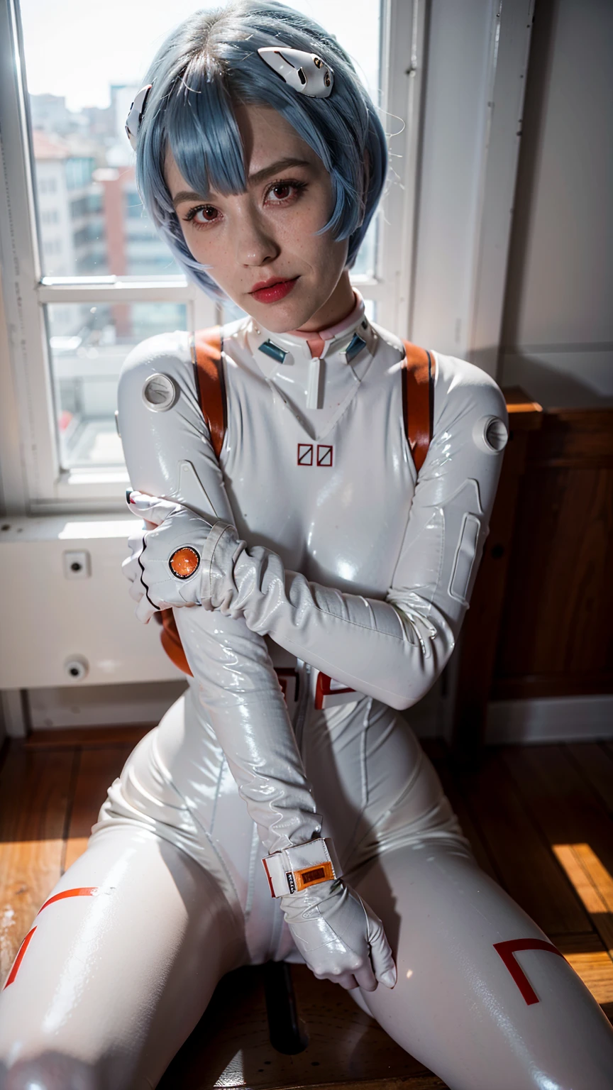 (masterpiece), (best quality), (red eyes), (epiCRealLife), (red lipstick), (j4nu4ryj0n3s) (young woman), (European Model), (Plugsuit), (ayanami_rei plugsuit), interface headset, white bodysuit),(white gloves) (red eyes), (blue hair), (medium breasts),(flash photography), (natural lights), (ample lights),( light smile), (pose for picture), (white gloves), (light smile), (in a spaceship bedroom), (lying on back), (sitting on bench), (legs spreading apart), (open legs)