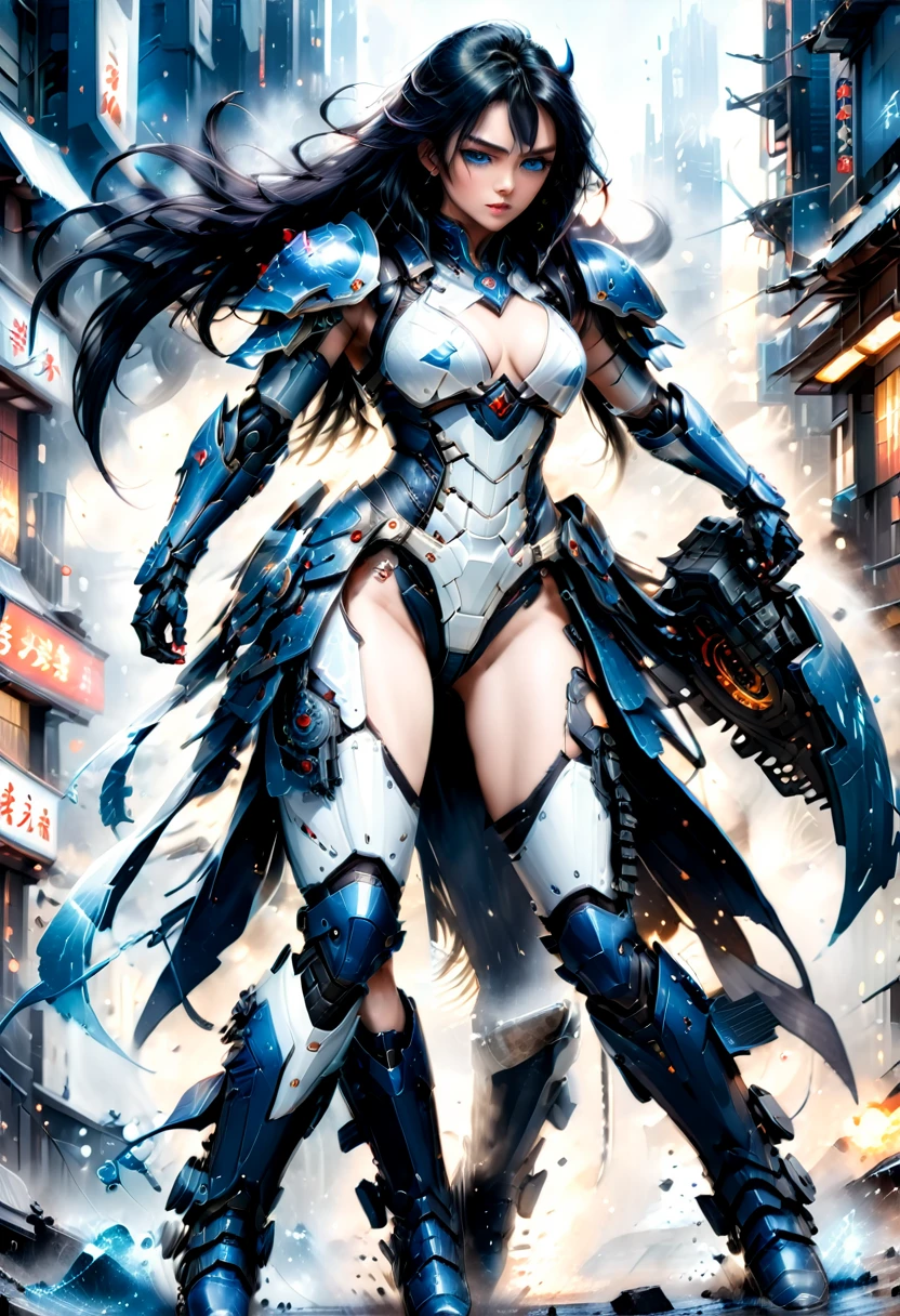 Japanese water color art picture of a mecha samurai woman in cyberpunk city, a mecha samurai woman, exquisite beautiful woman, fully clothed black hair, long hair, (blue eyes: 1.3), she stands ready to battle, wearing (white mecha armor: 1.3), high heeled boots, she is armed with a Japanes sword, Japanese Cyberpunk city at night, background, (Masterpiece: 1.5), 16k, highres, best quality, high details, ultra detailed, masterpiece, best quality, (extremely detailed), arafed, mecha, drkfntasy