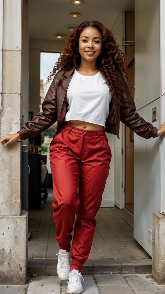 ARealistic photo, full body, head to toe, full body, body and hair in motion, smiling, she's moving. She jumps in the air. Her feet lift off the ground.
In the streets of Paris.
Office wear, work wear, women's suit, red jacket, red pinch pants, white sneakers, white handbag, white shirt.
realistic 1 woman, photorealistic portrait of a young African-American woman of mixed race, dark skin with freckles near the nose, realistic skin texture, fine round facial features, black eyes with long black lashes, defined eyebrows, well-defined lips with evening make-up, athletic physique, medium-length curly red hair, tight curly hair, red hair