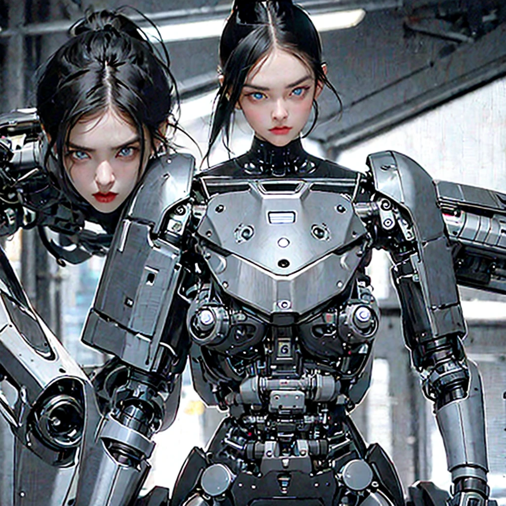 a girl with a full black robotic body, featuring sleek and high-tech components. She has short black hair, blue eyes, and an angry expression. She wears a robot mask that partially covers her face, blending seamlessly with her polished mechanical limbs and torso. The subtle lights and mechanical joints of her body enhance the contrast between her human-like features and her robotic form. close up