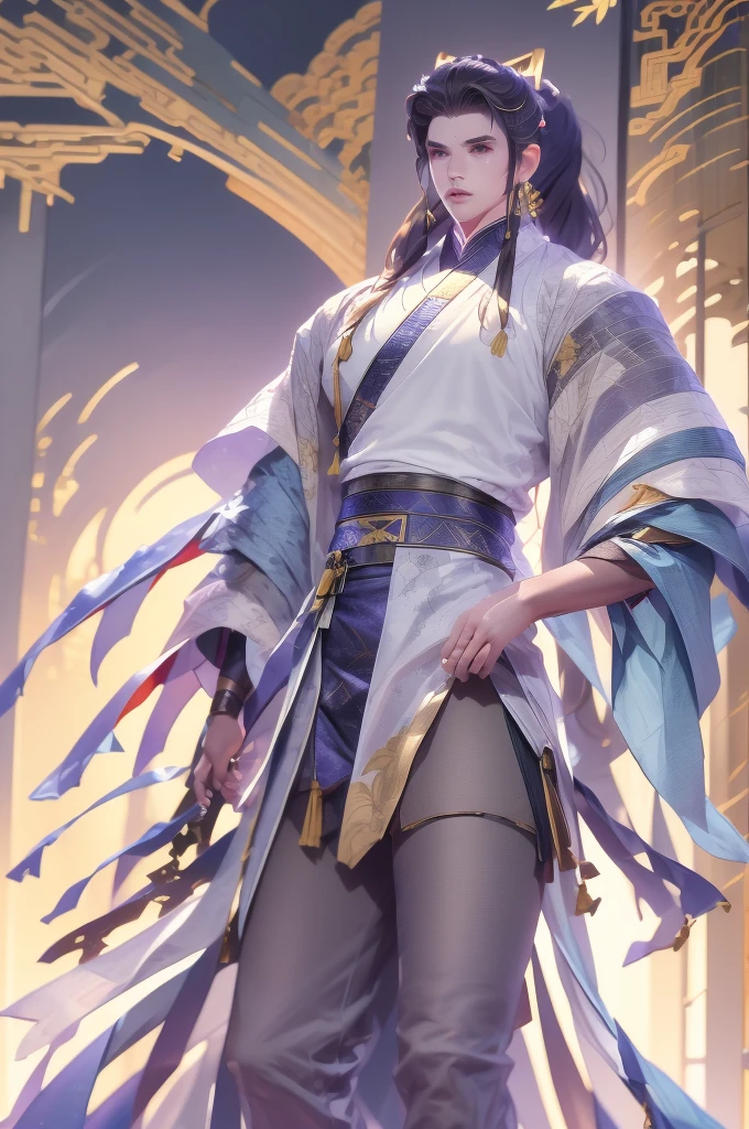 a man in a black robe, young and handsome man, ponytail, long hair, ancient Chinese clothing, qi, a huge saber, ancient Chinese buildings in the background, night, powerful character, purple rays, a beautiful landscape. Detailed face, thick eyebrows, black eyes, thin lips, 8k, robe embroidered with gold edges, detailed clothing, xianxia, ​​world of cultivation.