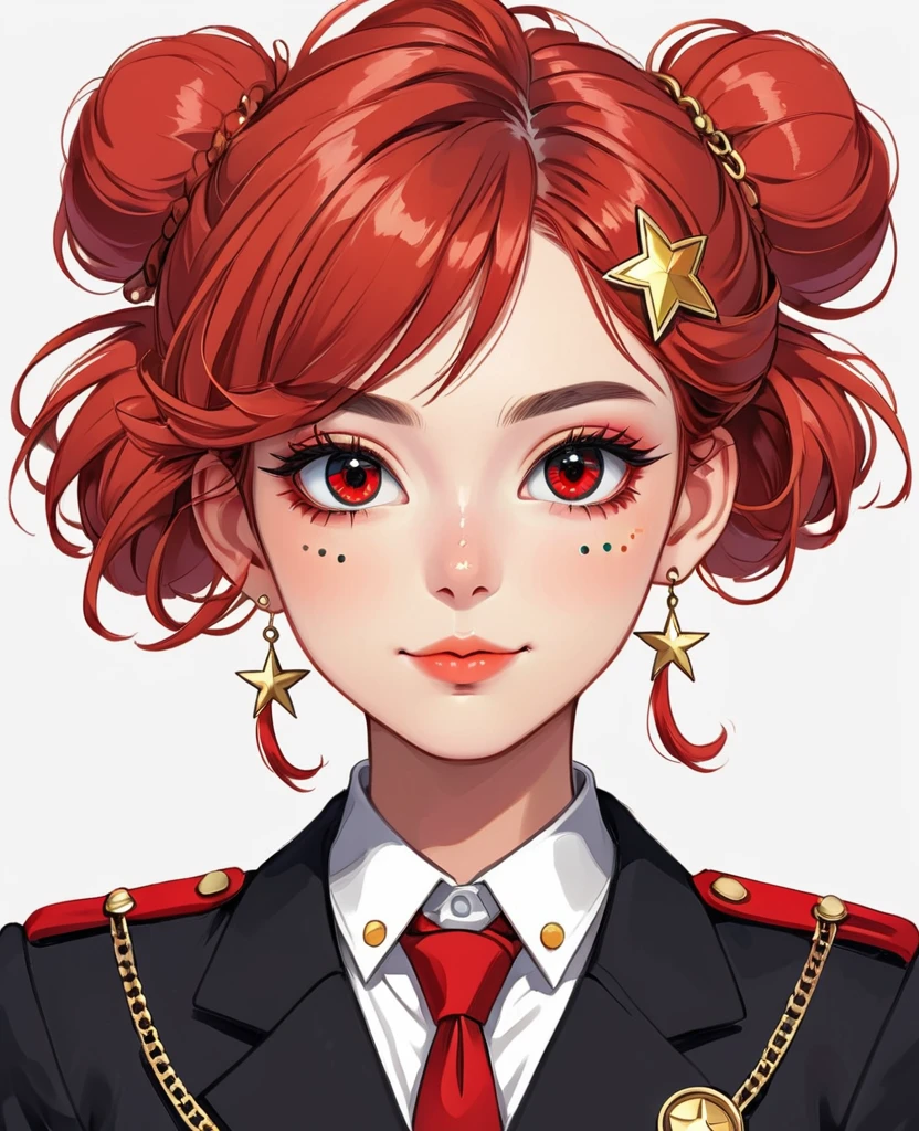 (Digital Illustration，Detailed anime style girl portrait，Solitary，symmetry)，(Big colorful eyes，Fashionable and exquisite facial features，Exquisite makeup，Sweet smile，Star symbol mark on cheek，Soulful gaze，)，(Red Fluffy Bun，Hairpin)，(Black suit，Epaulettes-Chain，cool，)，Clean and simple white background，(((Correct human anatomy)))