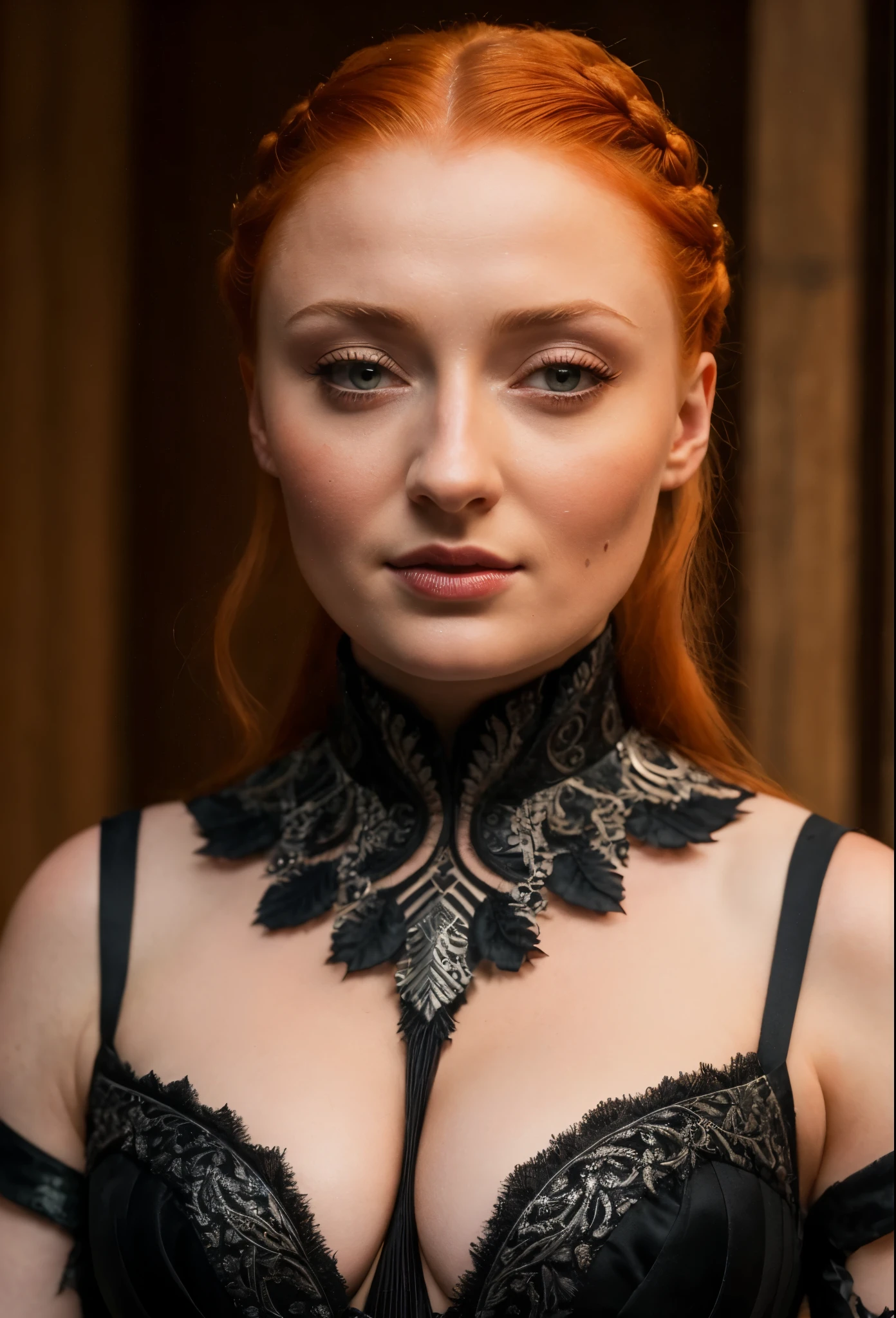 Face of Sophie Turner, Sansa Stark played by Sophie Turner, the de facto Lady of the Eyrie, is a 40-year-old mature queen with a stunning, alluring appearance. Full Face, Full figured woman, pierced eyes, reddish lips, upper body shot, erotic Mediaeval costumes, game of thrones costumes, She wears a Game of Thrones-inspired costume and has a deep cleavage, a perfect thick body, and a perfect thick figure. The photograph captures her in a close-up, with her skin texture and facial features being ultra-realistic and realistic. Juicy thick figure, high quality skin, Skin pores, amazing details, snow, snow flakes, semi realistic, extremely detailed eyes, dark moody orange and black settings, cool environment, artificial intelligence