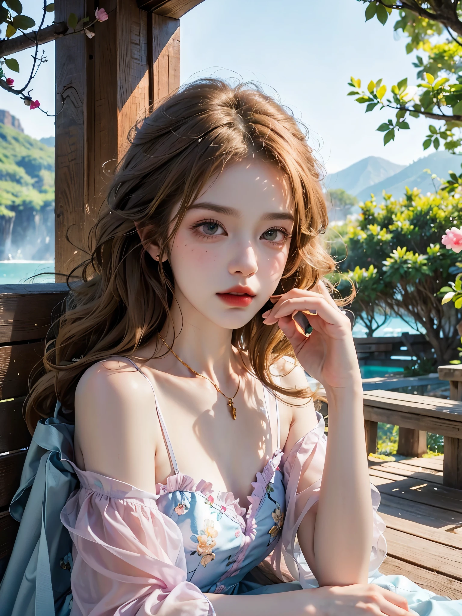 Masterpiece, Best quality, high resolution, realistic , hyperrealism , lifelike photography ,2024s, , alluring beautiful full body shot, (curly blondish brunette long hair, blue cat-shaped eyes), white skin with freckles, beautiful short cut naughty dress with flower embroidery and details , beautiful golden necklaces & bracelets, elegant bearing, beautiful landscape background of a rose & lilac & orchid garden, high budget , beautiful mesmerizing face and small nose, long and curly sparkling hair , holding a beautiful orange stray cat , clivage , sunset , pink clouds , yellowish red rays at the horizon, elegant posing, beautiful legs, fit body, gorgeous Russian woman standing nearby a park bench, back shot, side shot , front shot, blue lagoon