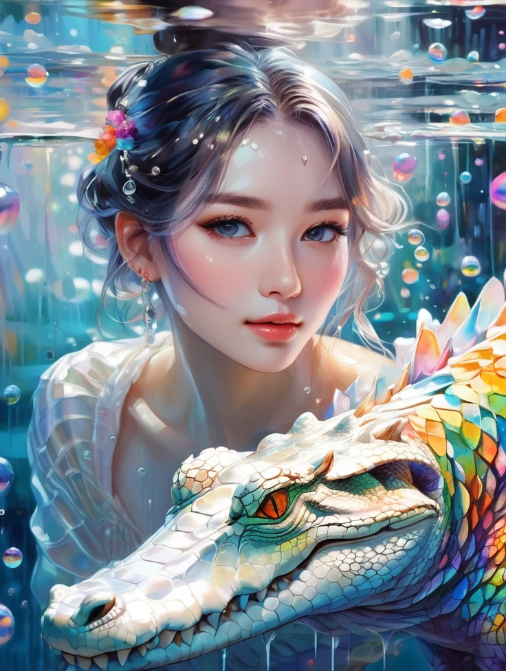 a women, white crocodile, lake, Colorful colors, surrounded by water bubbles, in the style of Kawacy, Masterpiece, Oil painting drawn in anime style, head close - up, exaggerated perspective, Tyndall effect, water drops, mother - of - pearl iridescence, Holographic white,