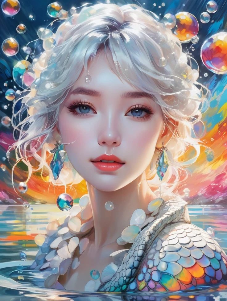 a women, white crocodile, lake, Colorful colors, surrounded by water bubbles, in the style of Kawacy, Masterpiece, Oil painting drawn in anime style, head close - up, exaggerated perspective, Tyndall effect, water drops, mother - of - pearl iridescence, Holographic white,